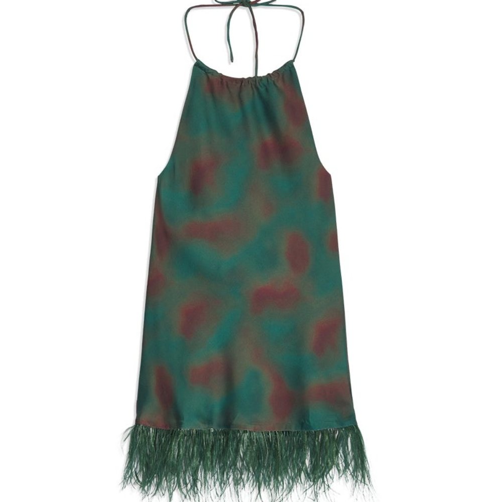 WEWOREWHAT HALTER FOLIAGE SWIRL FEATHER DRESS XS